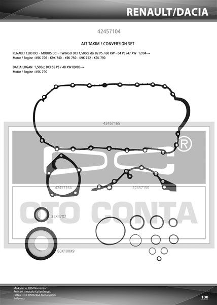 OTOCONTA 42457104 Alt Takim Contasi Kng-Clio-Mgn Ii-Logan 1.5 Dci K9k Teflon Keçeli