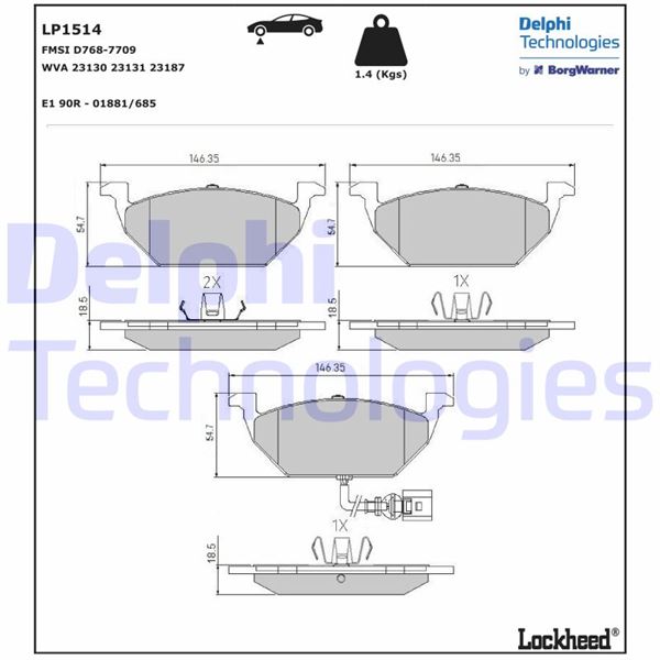 DELPHI LP1514 Ön Balata Fişli Küçük Golf4-Golf5-Jetta-Bora-Polo-A3-Leon 97 >