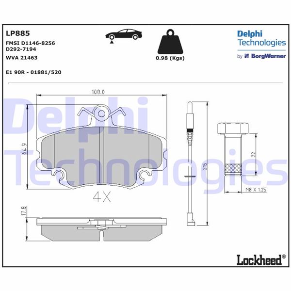 DELPHI LP885 Ön Balata Fişli Renault R9-R19-R21-Clio I-Ii-Megane I-Twingo-Logan-Sandero-Solenza