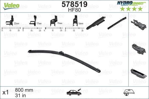 VALEO 578519 X Silecek Süpürgesi Ön 80cm X1 Muz Tipi Hydroconnect Çoklu Bağlantili Üniversal Hf80
