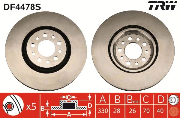 TRW DF4478S Ön Fren Aynasi Alfa Romeo 159 08>12 Giulietta 10>18 Jeep Cherokee 14> 330x28x40