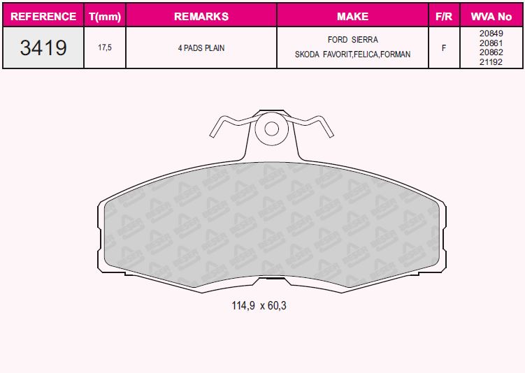 WDB118 Fren Balata On Skoda Favorit 136 1.3 1989-1994 / Forman 1.3 1990-1994 / Favorit Pick Up 1.3 1992-1997/ Ford Sierra (Gbc) 1.6 1982-1987