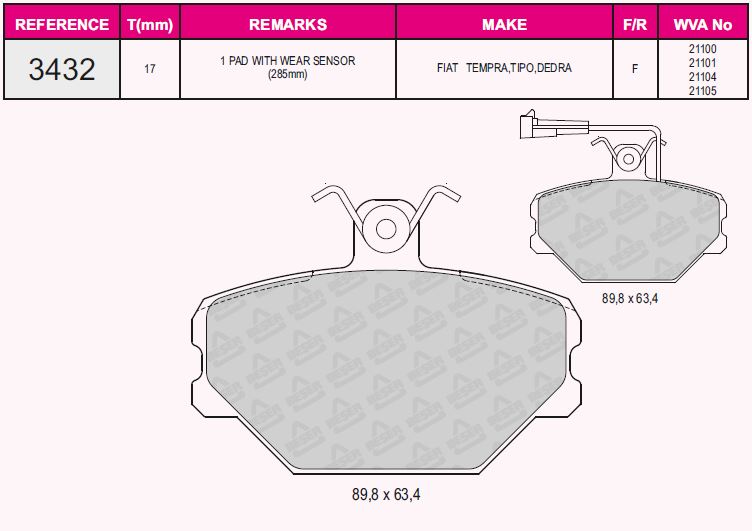 05P102 Fren Balata On Fiat Tempra 1.6i 1992-1999 / Tempra 1.4i 1992-1999 / Tipo 1.6i 1990-2000 / Tipo 1.4i 1990-2000