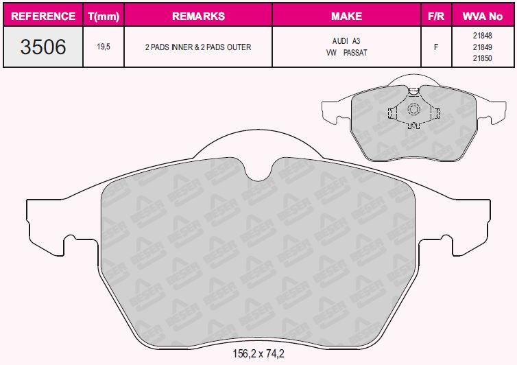 WBP-VW063 Fren Balata On Volkswagen Sharan (7m8,7m9,7m6) 1.8 T 1995-2010 / Sharan (7m8,7m9,7m6) 1.9 Tdi 1995-2010