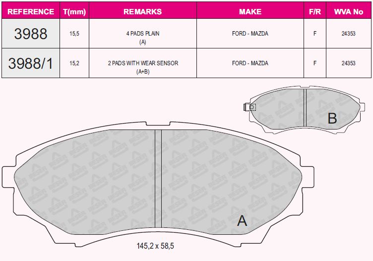 KB-24353 150 05 ANS KD11 Fren Balatasi On Mazda 4x4 B 2500 Ranger 02-06 2.5 3.0 Td 06-12