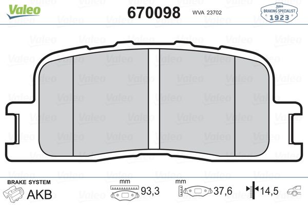 VAL-670098 Fren Balatasi Arka ( Toyota  Camry 2.0/2.4/3.0 01-06 / Lexus Es 300 3.0 01 -06 )